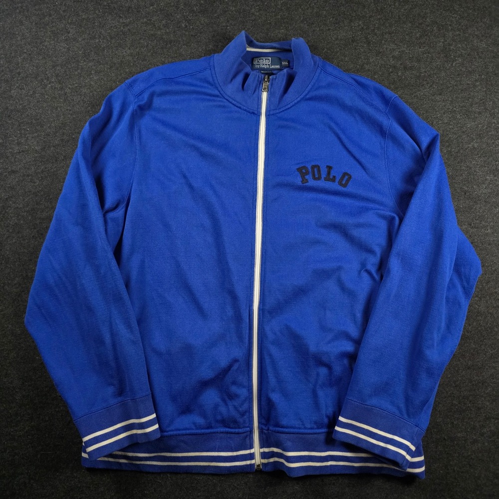 Vtg Polo Ralph Lauren Blue Full Zip Athletic Track Jacket Rib Trim Men's XXL